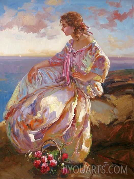People Oil Painting 100% Handmade Museum Quality 0185,young woman rest on the seaside rock