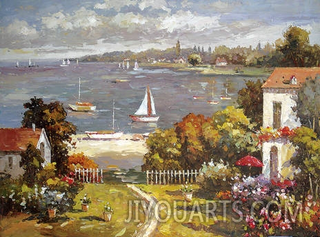 Landscape Oil Painting 100% Handmade Museum Quality0078,a harbor near the garden