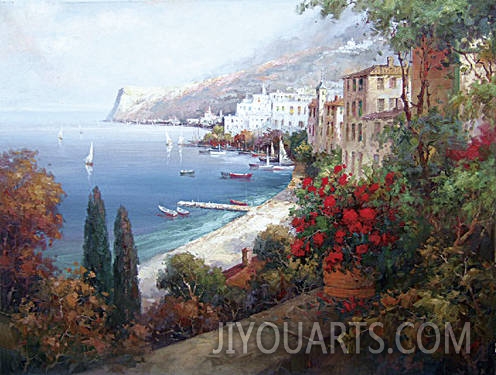 Landscape Oil Painting 100% Handmade Museum Quality0079,harbor at the bottom of the moutain,near the coast houses