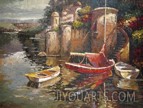 Landscape Oil Painting 100% Handmade Museum Quality0088,a small port for boats