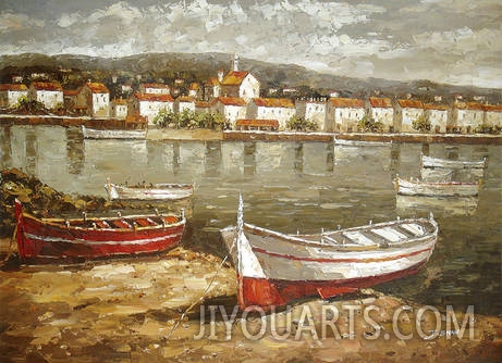 Landscape Oil Painting 100% Handmade Museum Quality0089,a scene of the port,with many houses