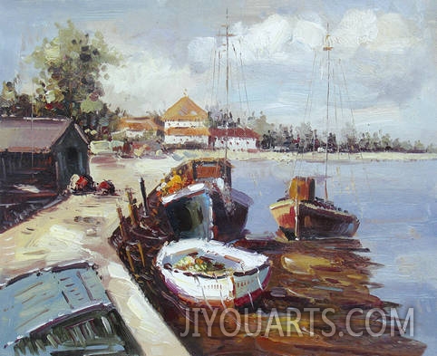 Landscape Oil Painting 100% Handmade Museum Quality0092,resting at the port