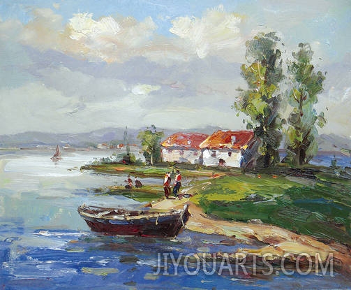 Landscape Oil Painting 100% Handmade Museum Quality0093,a small port in the village