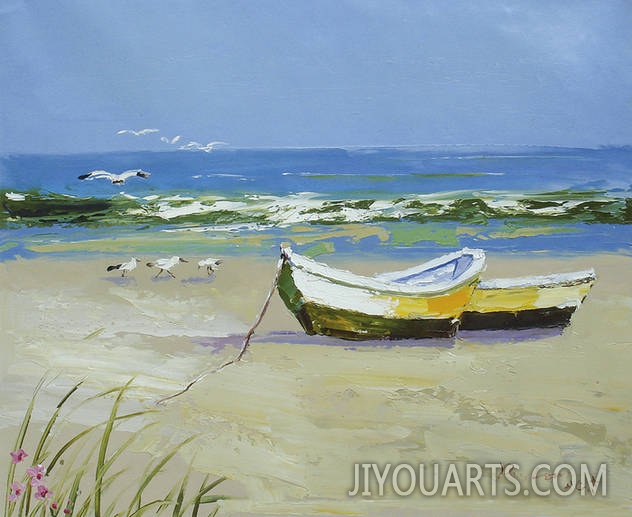 Landscape Oil Painting 100% Handmade Museum Quality0096,a boat on the seashore