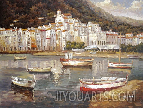 Landscape Oil Painting 100% Handmade Museum Quality0099,boats on the river near the houses
