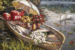 Landscape Oil Painting 100% Handmade Museum Quality0104,boat with flowers on it