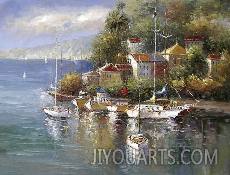 Landscape Oil Painting 100% Handmade Museum Quality0105,boats at the port