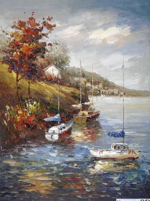 Landscape Oil Painting 100% Handmade Museum Quality0107,scene of a small port by the hill