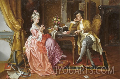 palace oil painting, lovers talking