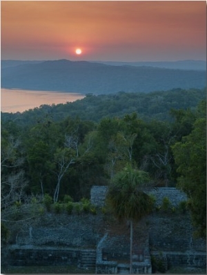 View of Sunset over Lake Yaxha from Temple 216, Yaxha, Guatemala, Central America