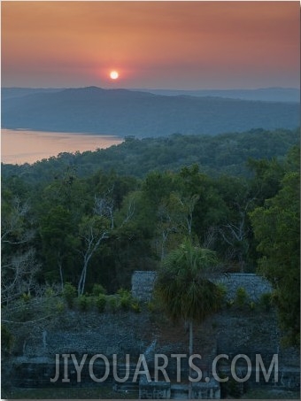 View of Sunset over Lake Yaxha from Temple 216, Yaxha, Guatemala, Central America