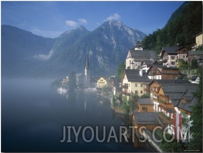 Village with Mountains and Lake, Hallstatt, Salzkammergut, Austria