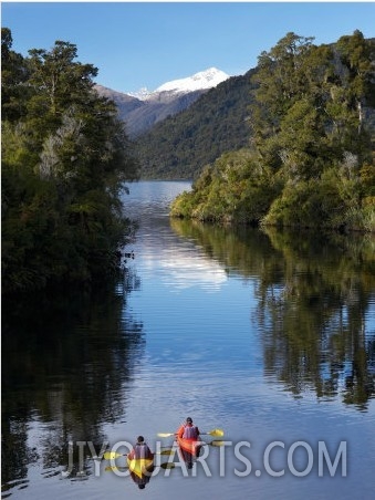 Kayaks, Moeraki River by Lake Moeraki, West Coast, South Island, New Zealand