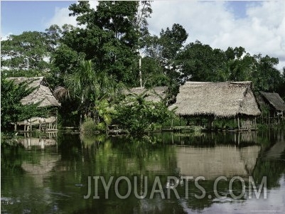 Building on Stilts Reflected in the River Amazon, Peru, South America