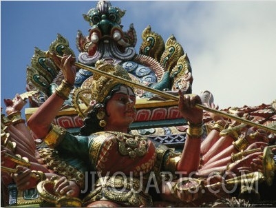 Figures of Deities Decorate the Roof of Sri Veeramakaliamman Temple