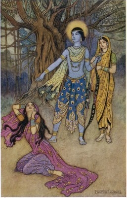 Rama the Seventh Avatar of Vishnu is Tempted by Shurpanakha a Rakshasa