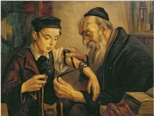 Rabbi Tying the Phylacteries to the Arm of a Boy