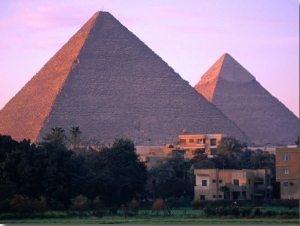 Pyramids of Giza from North East at Sunrise, Giza, Egypt