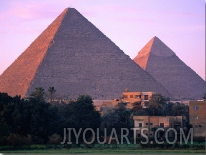 Pyramids of Giza from North East at Sunrise, Giza, Egypt