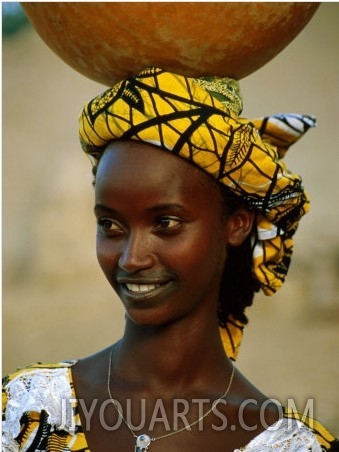 Smiling Peul (Or Fula) Woman Balancing Calabash on Her Head, Djenne, Mali