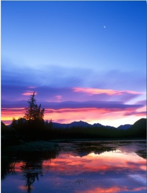 Crescent Moon Over Vermillion Lake in Banff National Park, Alberta, Canada