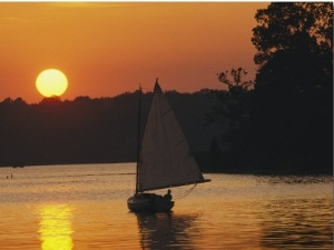 Gaff Rigged Catboat Sails Along the Shoreline at Sunset