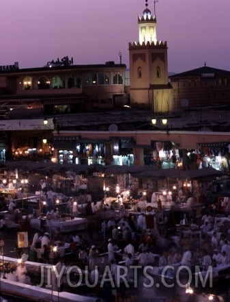 Djemma El Fna at Dusk with Mosque Behind, Marrakesh, Morocco