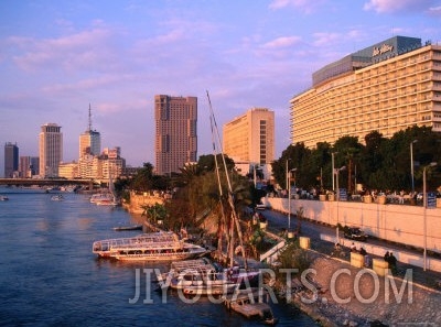 Cairo Hilton on Nile with Downtown in Background, Cairo, Egypt