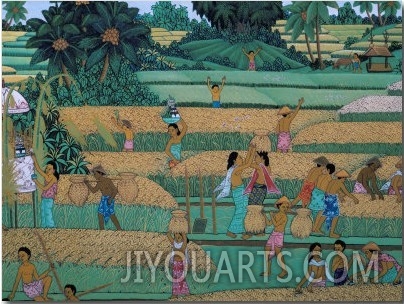 Painting of People Harvesting in Rice Fields, Neka Museum, Ubud, Island of Bali, Indonesia