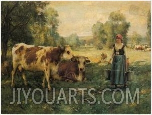 A Milk Maid With Cows And Sheep