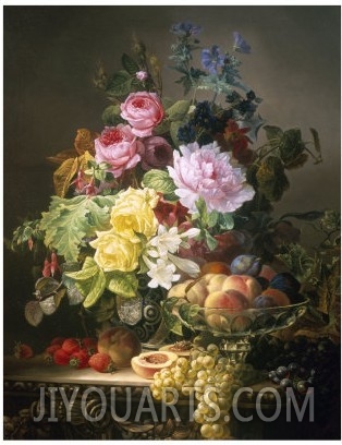 Still Life of Roses, Lilies and Strawberries