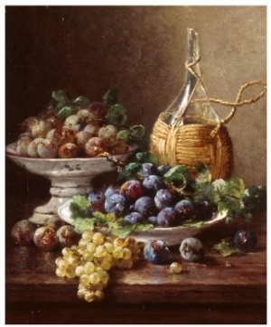 Still Life of Grapes, Plums and Wine