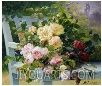 Romantic Roses on chair in beautiful park