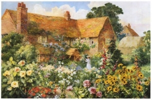 The Cottage in Summer,a beautifu girl  in garden
