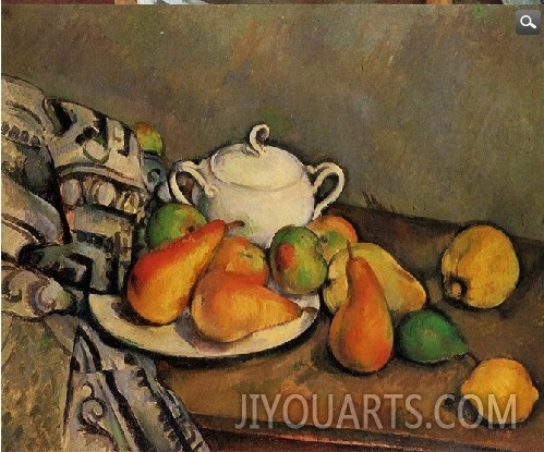 Sugar bowl, pears and table cloth