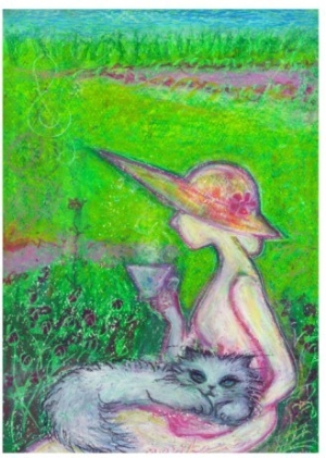 Abstract figures painting,Lady and Cat on Teatime in Field by Mariko Miyake