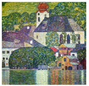 Painting on canvas,beaches landscape painting,Kirche in Unterach Am Attersee, Church in Unterach on Attersee,Gustav Klimt painting
