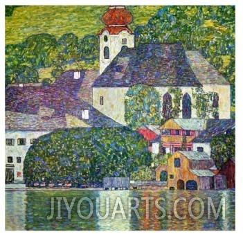 Painting on canvas,beaches landscape painting,Kirche in Unterach Am Attersee, Church in Unterach on Attersee,Gustav Klimt painting