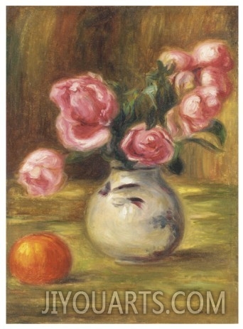 Painting on canvas,flowers oil painting,Vase of Roses and an Orange, 1910,Pierre Auguste Renoir painting