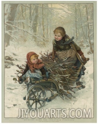 Painting on canvas,christmas oil painting,Two Children Bring Home a Barrow Load of Firewood for the Christmas Fire,E. Blume art work