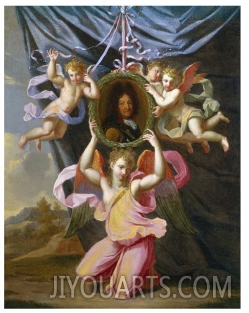 Christianity oil painting of Angels Supporting an Oval Portrait of Louis Xiv before a Draped Curtain in a Landscape by Charles Lebrun (Follower Of)