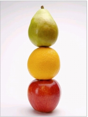 Stack of three fruits in a row