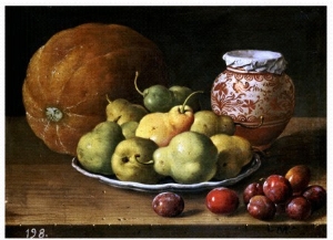 Pears on a Plate, a Melon, Plums, and a Decorated Manises Jar with Plums on a Wooden Ledge