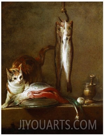 A Cat with a Piece of Salmon, Two Mackerels, Mortar and Pestle, 1728