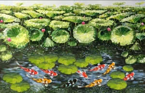 Oil painting,9 Koi fish painting,water lily painitng,impasto oil on canvas,heavy texture,Framed painting
