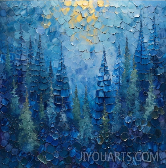 Original Blue Forest Oil Painting on Canvas Framed Abstract Textured Wall Art Nature Landscape Wall Art Living Room Decor Custom Painting