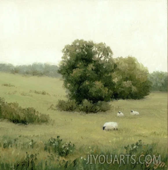 Oil painting sheep field art print neutral landscape painting countryside wall art vintage style painting old tree art flower meadow prints