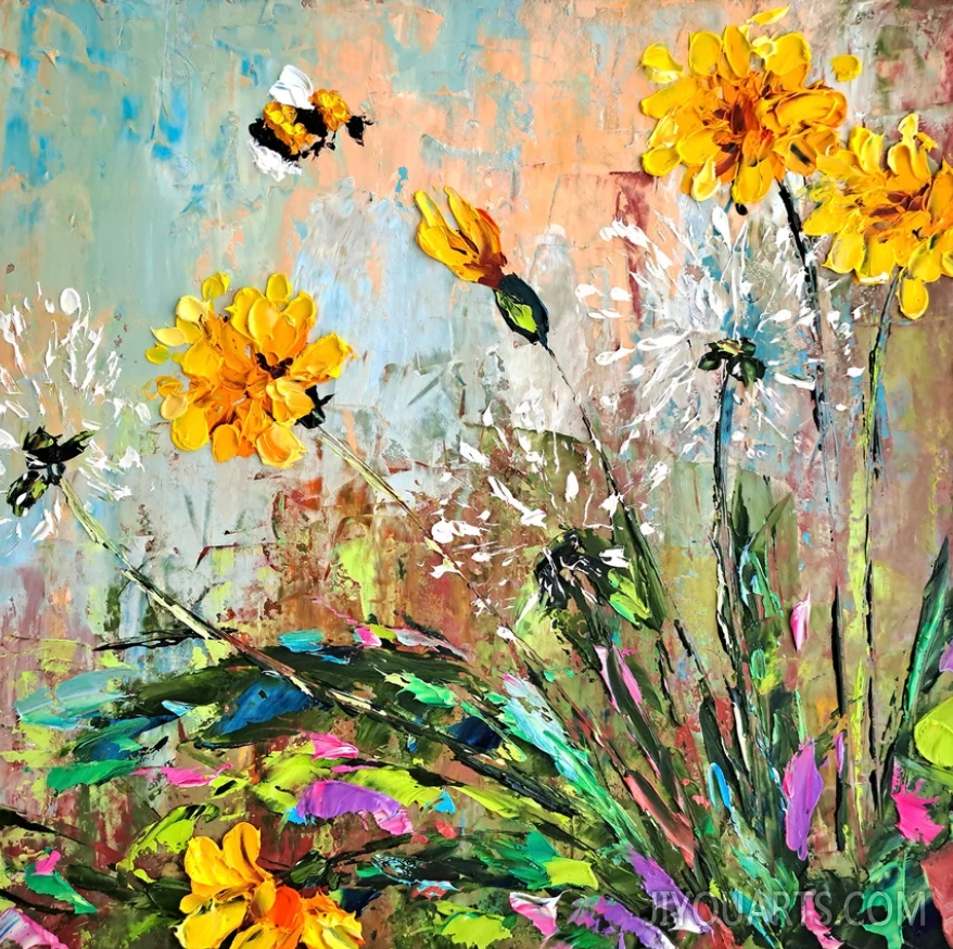 Honeybee Painting Dandelion Original Art Floral Impasto Oil Painting Flowers Wall Art