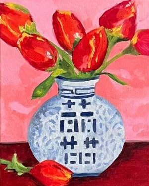Red Tulips in Pottery Original Oil Painting of Still Life
