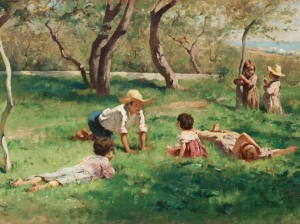 Vintage Childhood Wall Art Print，Children Playing Outdoors Oil Painting